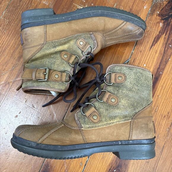 UGG Cecile Brown Waterproof Leather Ankle Duck Boots Fur Felt Lined Size 7 - Picture 6 of 9